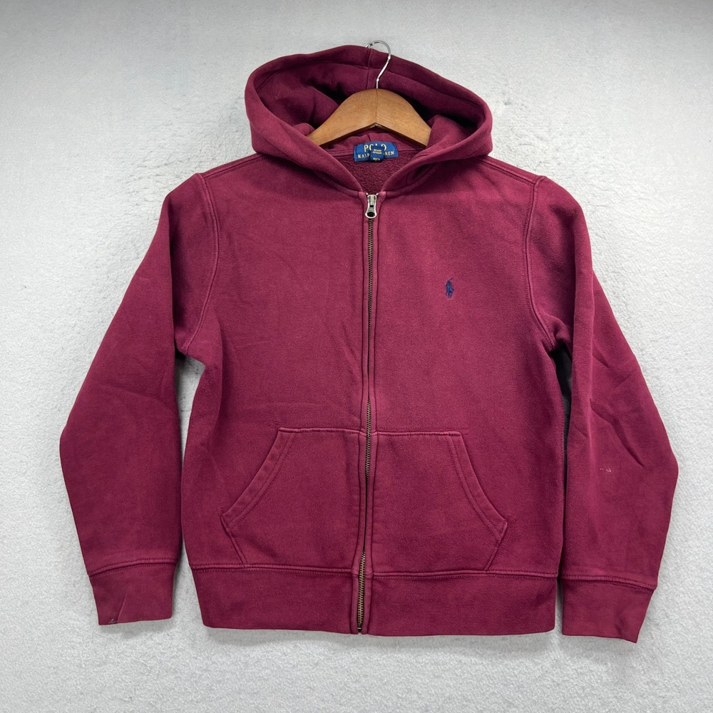 Polo Ralph Lauren Full Zip Hoodie Boys M 10-12 Burgundy Blue Pony Sweatshirt